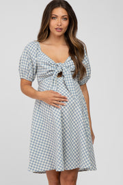 Blue Gingham Front Tie Maternity Dress