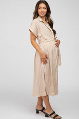 Taupe Striped Button Down Waist Tie Maternity Midi Dress