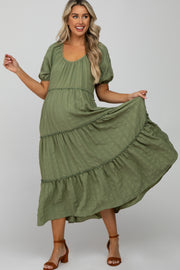 Olive Lettuce Trim Ruffle Tiered Maternity Midi Dress