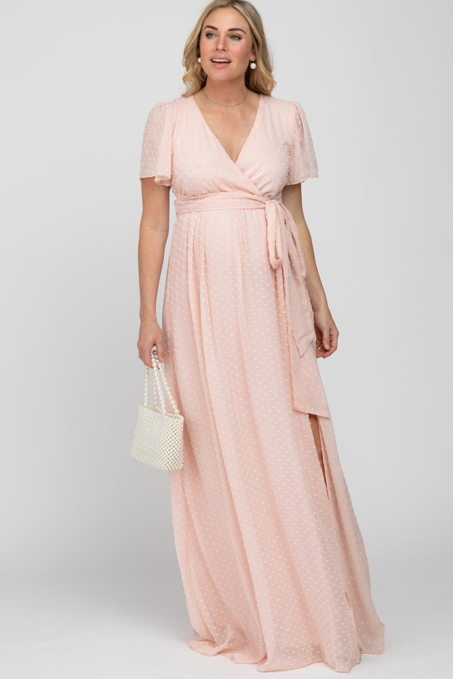 Light Pink Swiss Dot Chiffon Maternity Maxi Dress