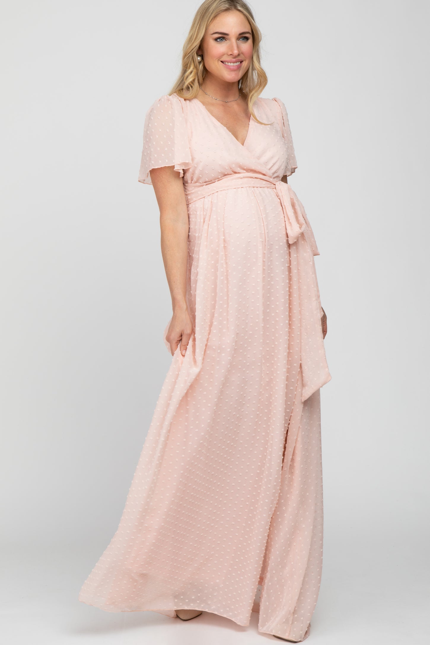 Light Pink Swiss Dot Chiffon Maternity Maxi Dress