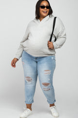 Beige Side Pocket Hooded Maternity Plus Sweatshirt