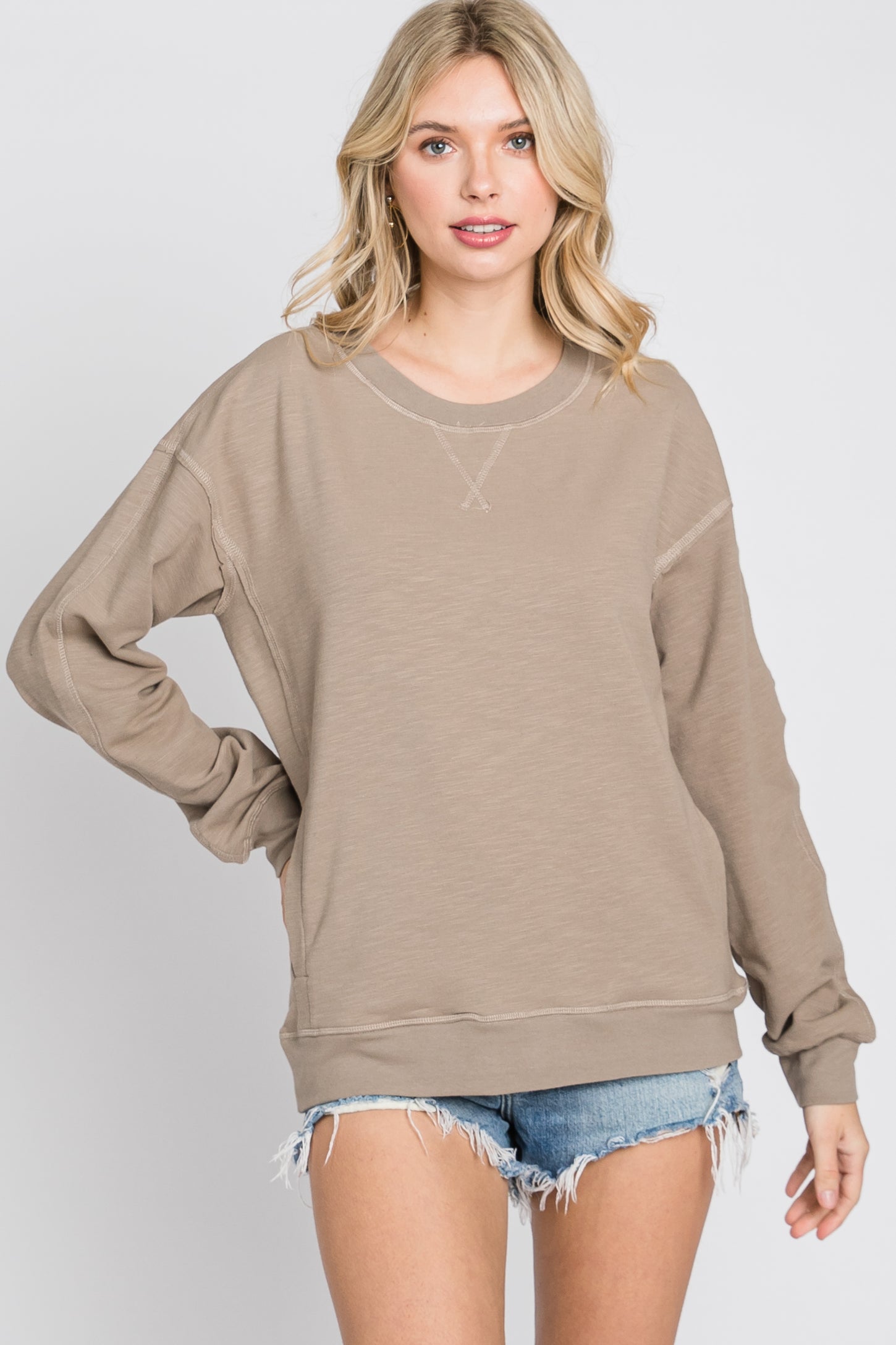 Taupe Long Sleeve Side Pocket Sweatshirt