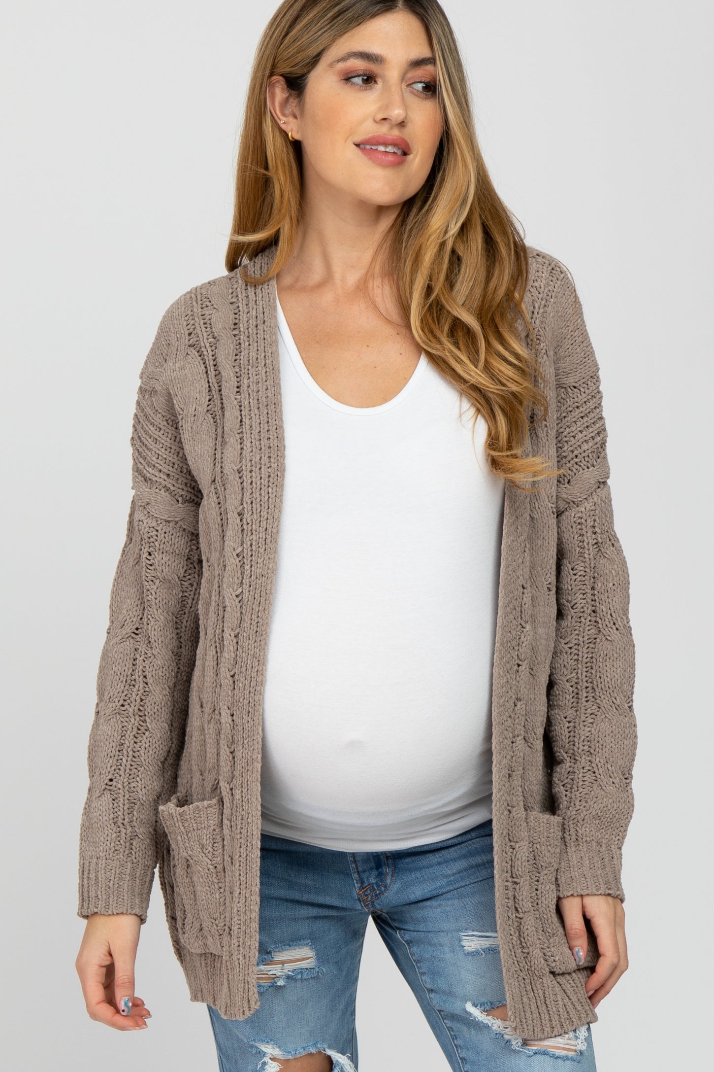 Taupe Cable Knit Maternity Cardigan