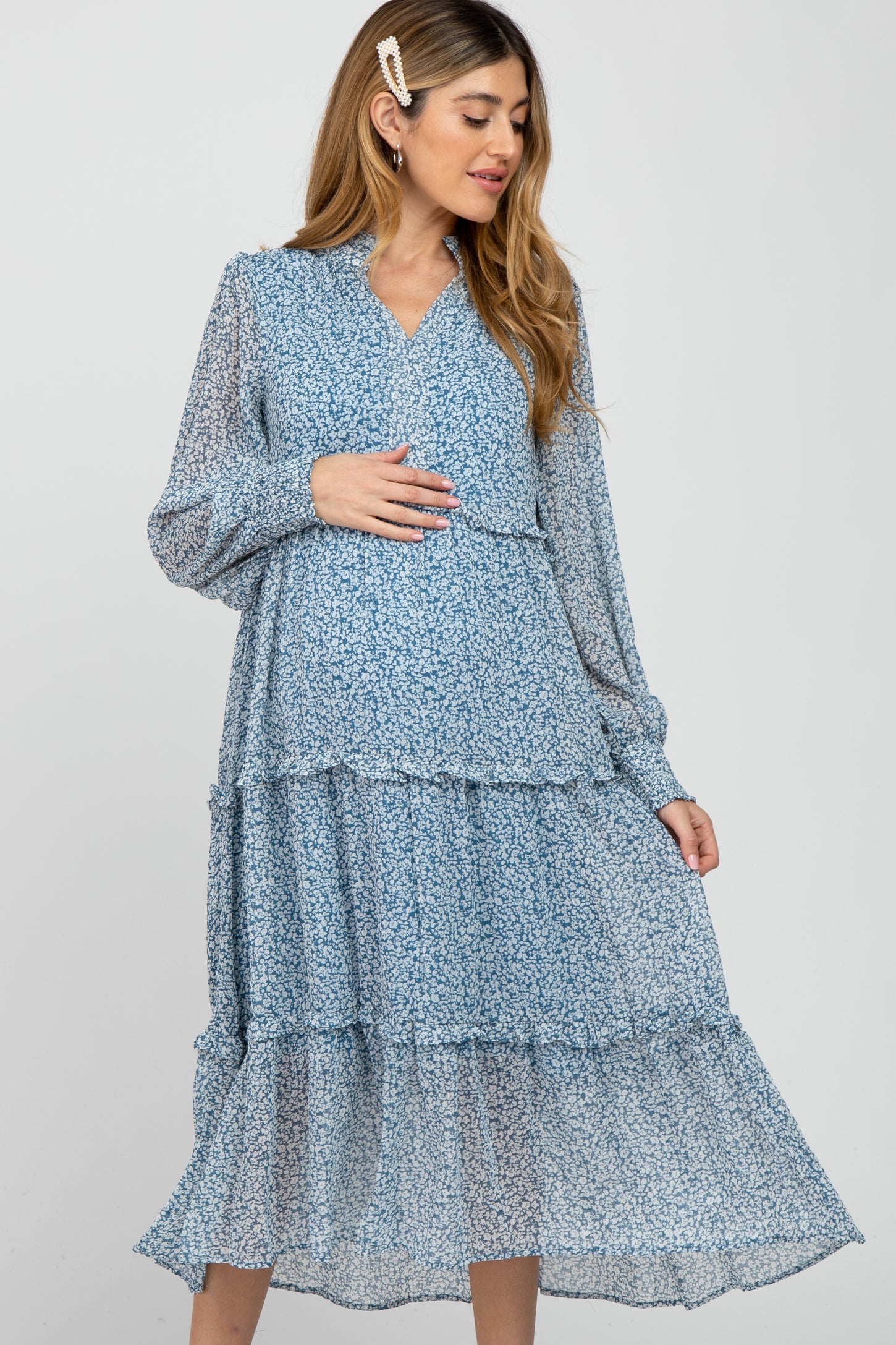 Light Blue Floral Print Ruffle Tiered Maternity Dress