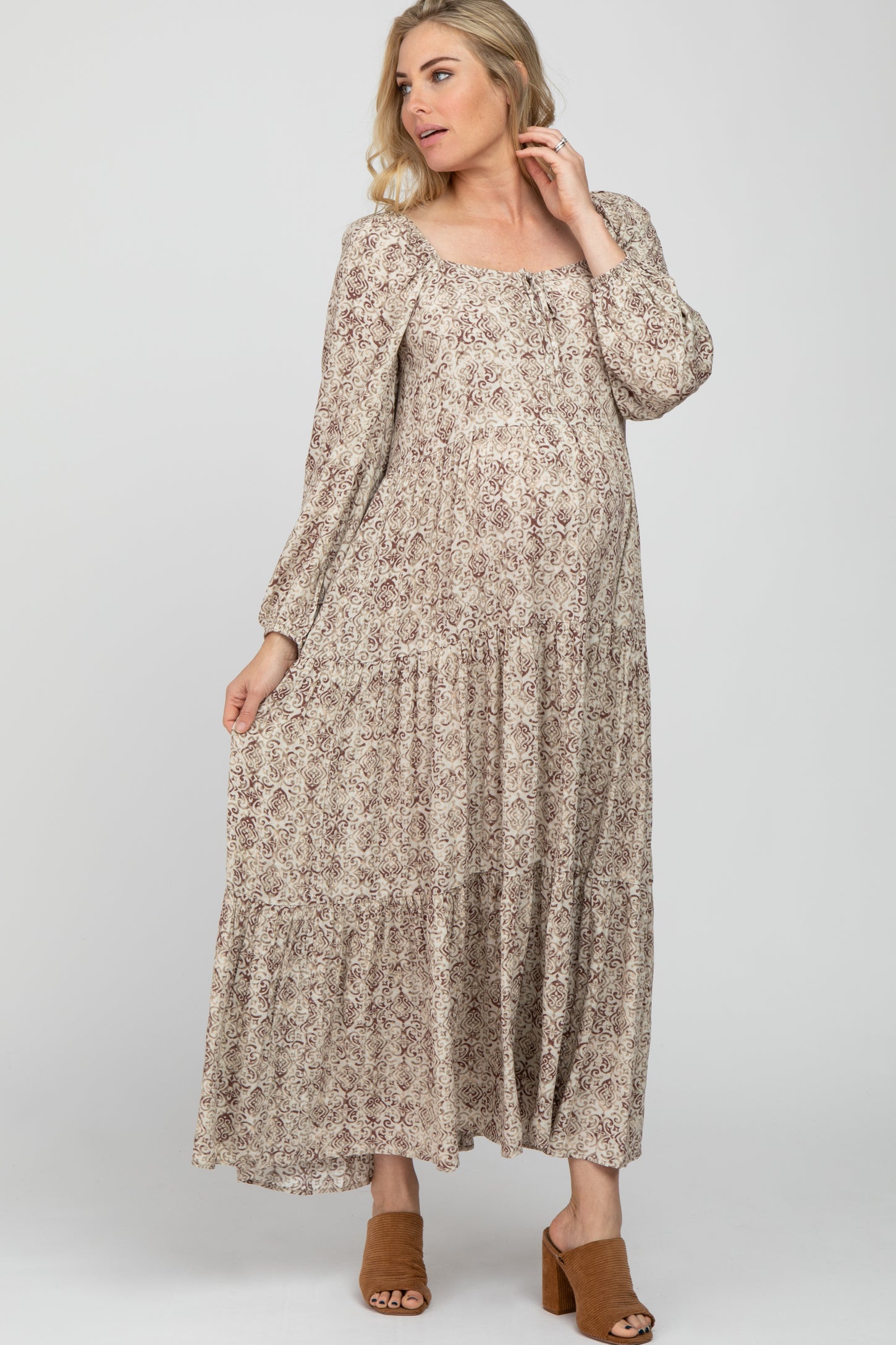 Beige Stamped Print Front Tie Tiered Maternity Maxi Dress