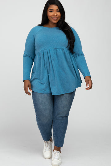 Teal Solid Long Sleeve Peplum Plus Top