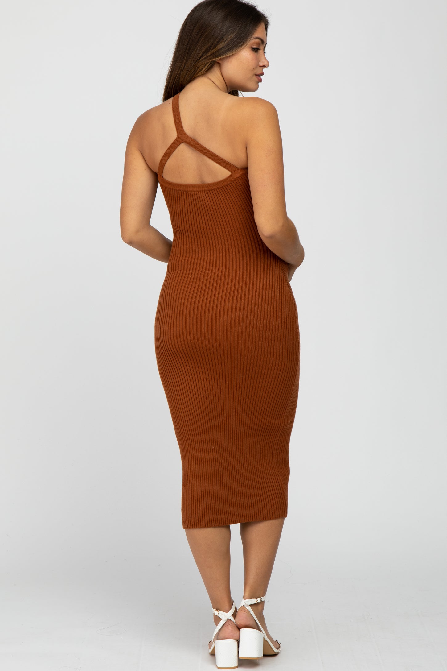Rust Ribbed One Shoulder Maternity Sweater Dress