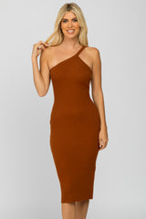Rust Ribbed One Shoulder Sweater Dress