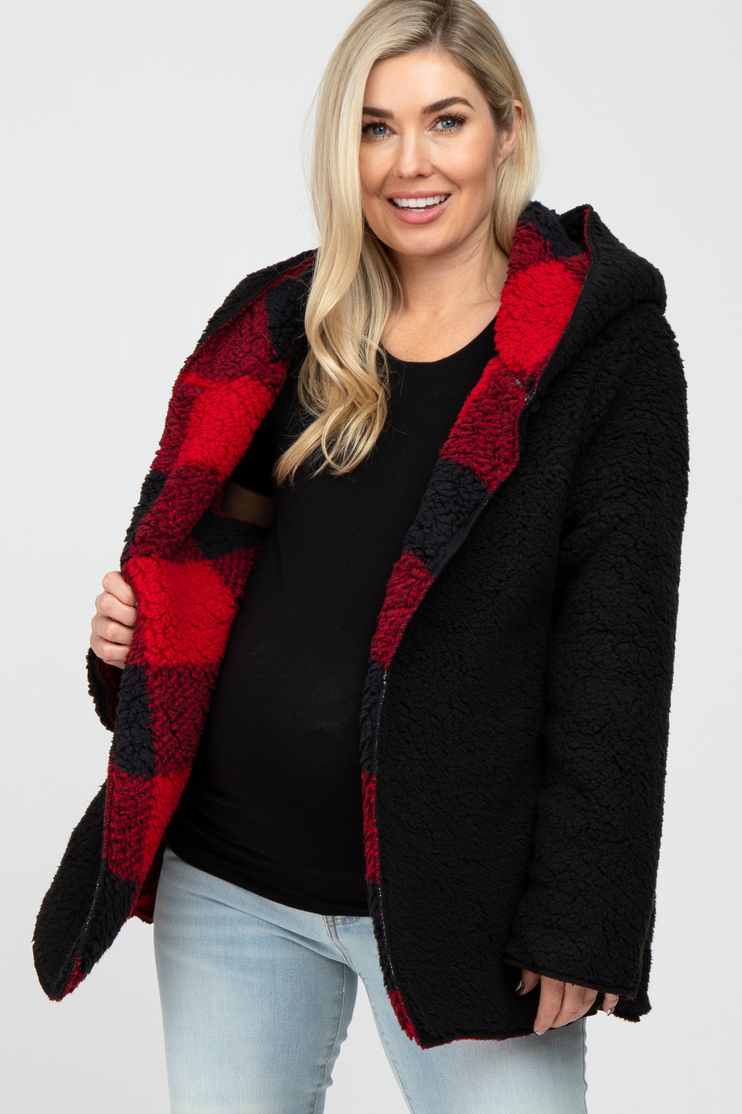 Red Plaid Reversible Sherpa Hooded Maternity Jacket