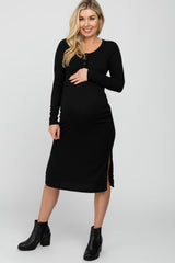 Black Ribbed Snap Button Maternity Midi Dress
