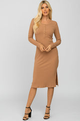 Taupe Ribbed Snap Button Midi Dress