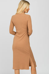Taupe Ribbed Snap Button Midi Dress