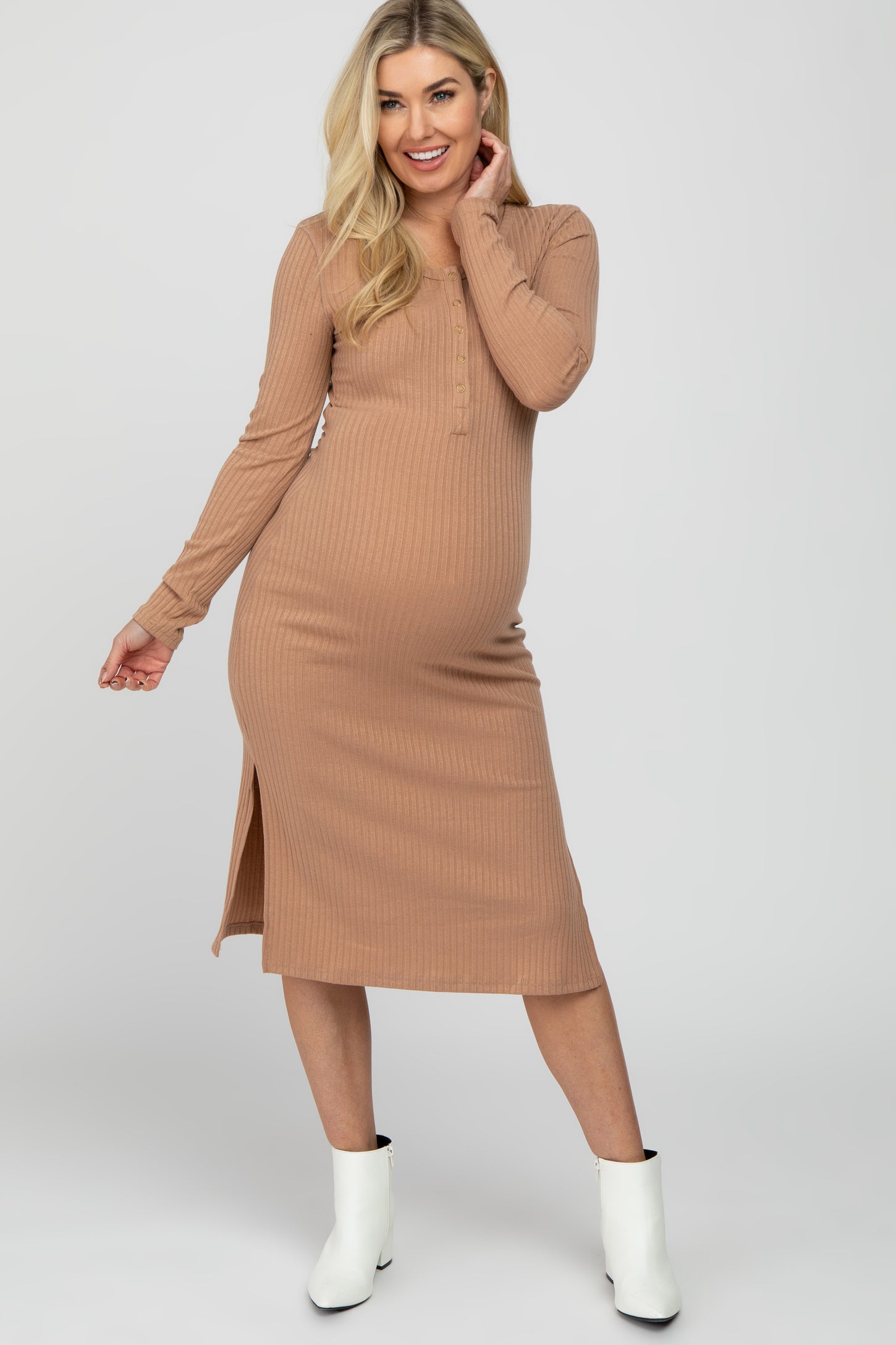 Taupe Ribbed Snap Button Maternity Midi Dress