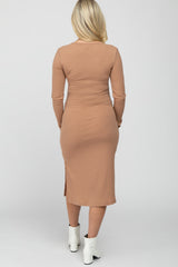 Taupe Ribbed Snap Button Maternity Midi Dress