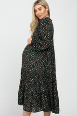 Black Floral Tiered Long Sleeve Maternity Midi Dress