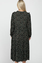 Black Floral Tiered Long Sleeve Maternity Midi Dress