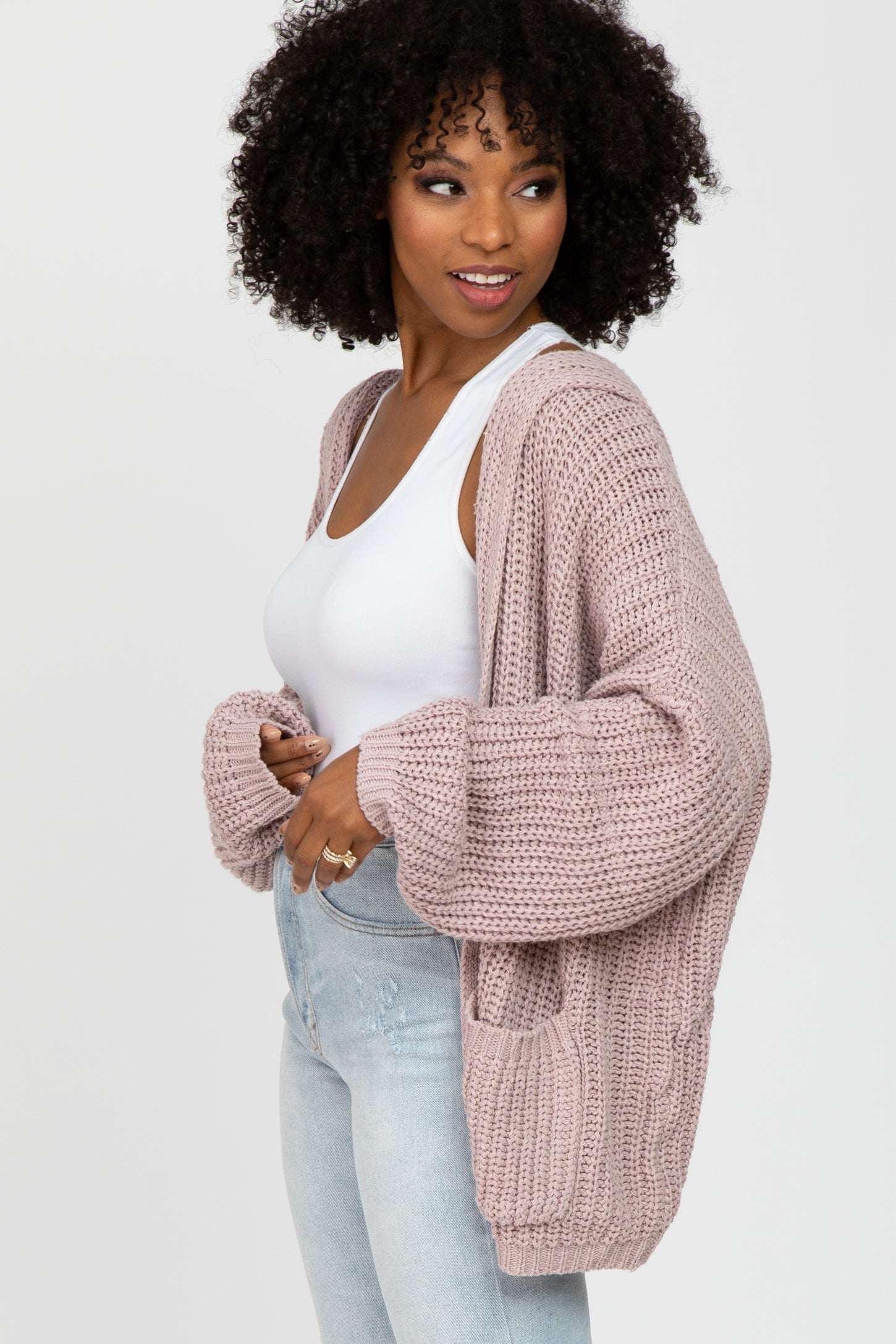 Mauve Cable Knit Hooded Cardigan