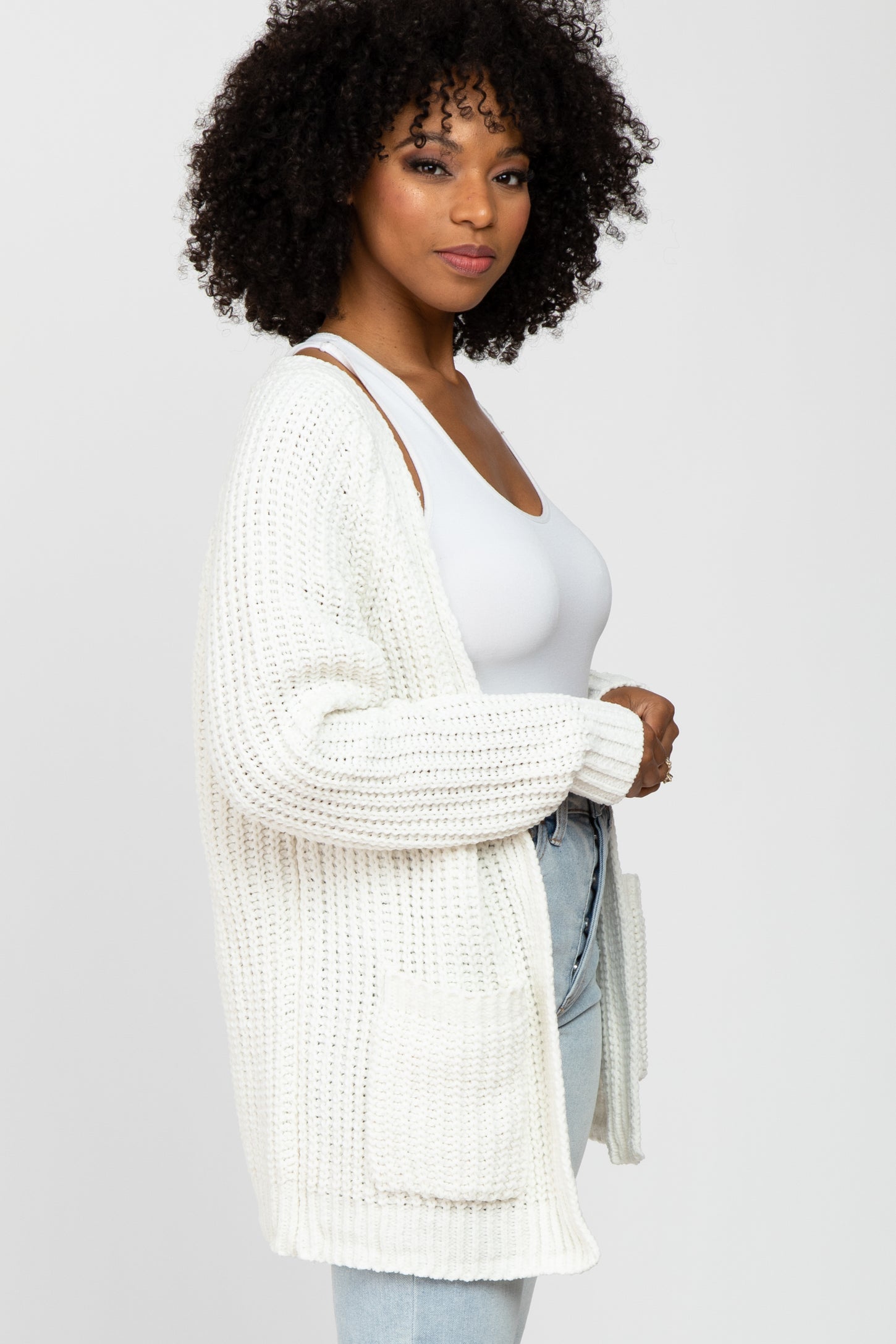 White Ribbed Cable Knit Cardigan