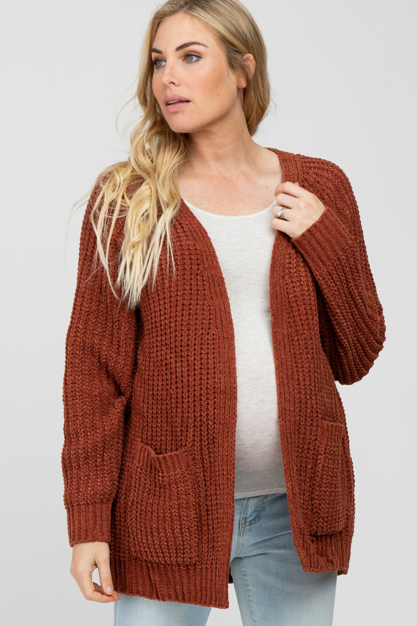 Camel Ribbed Cable Knit Maternity Cardigan