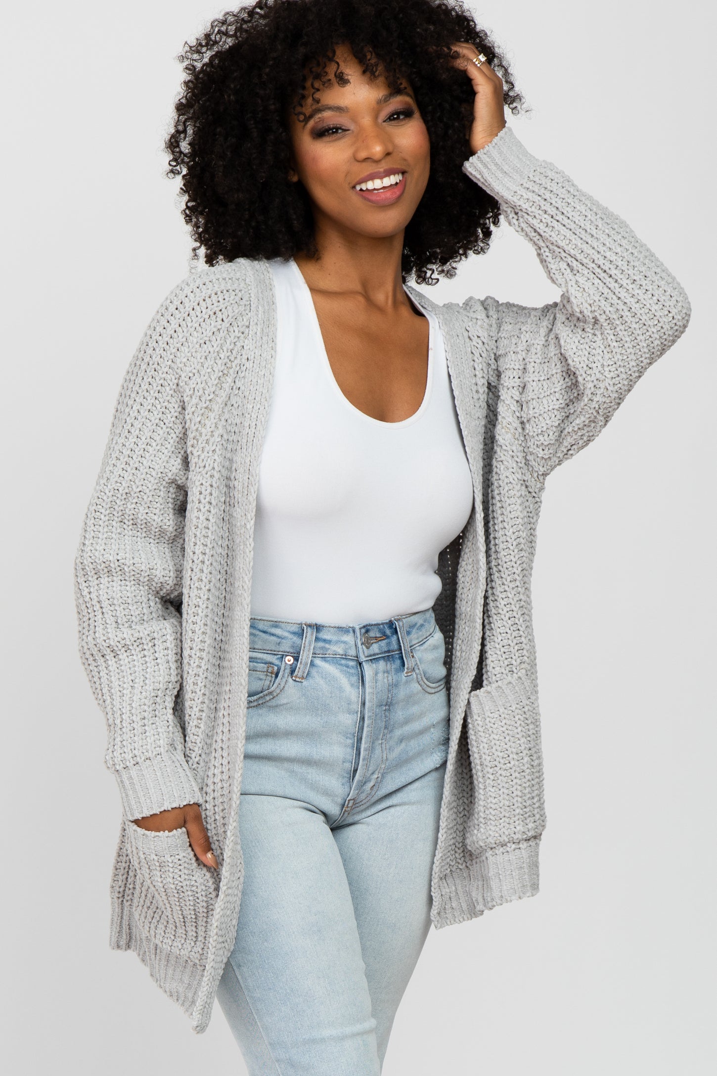 Grey Ribbed Cable Knit Cardigan