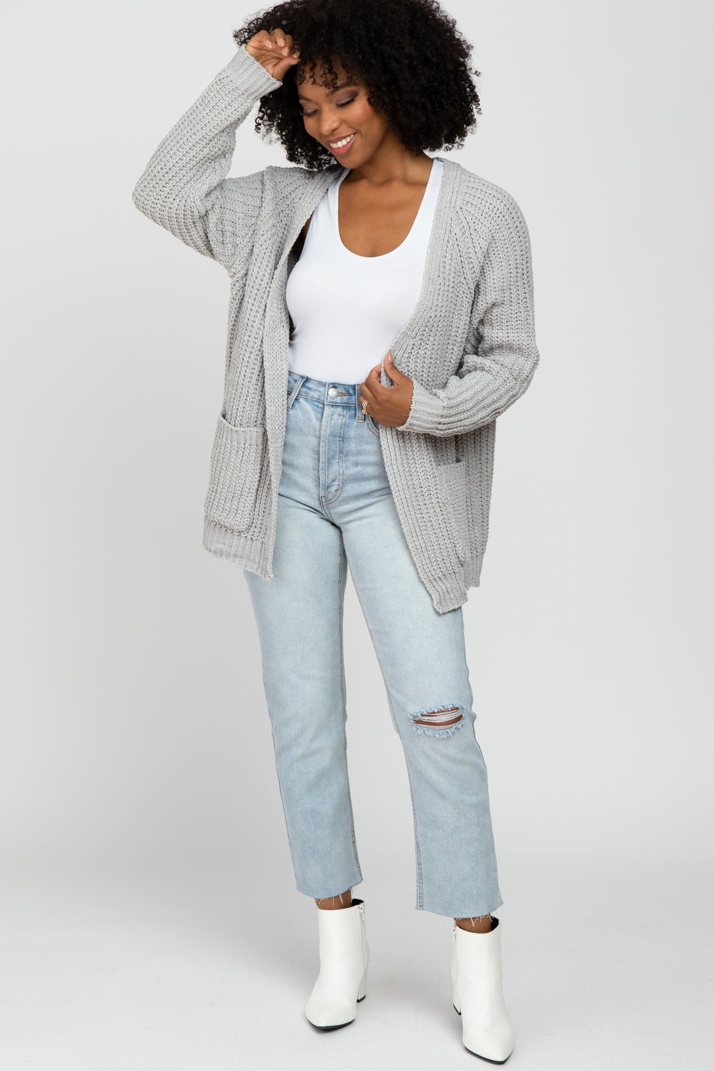 Grey Ribbed Cable Knit Cardigan