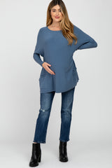 Blue Pocketed Dolman Sleeve Maternity Top