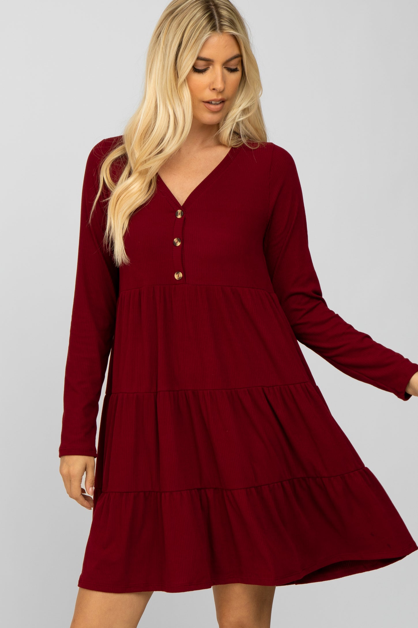 Burgundy Ribbed Tiered Dress