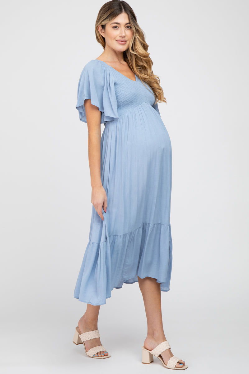 Blue Smocked Ruffle Maternity Dress– PinkBlush