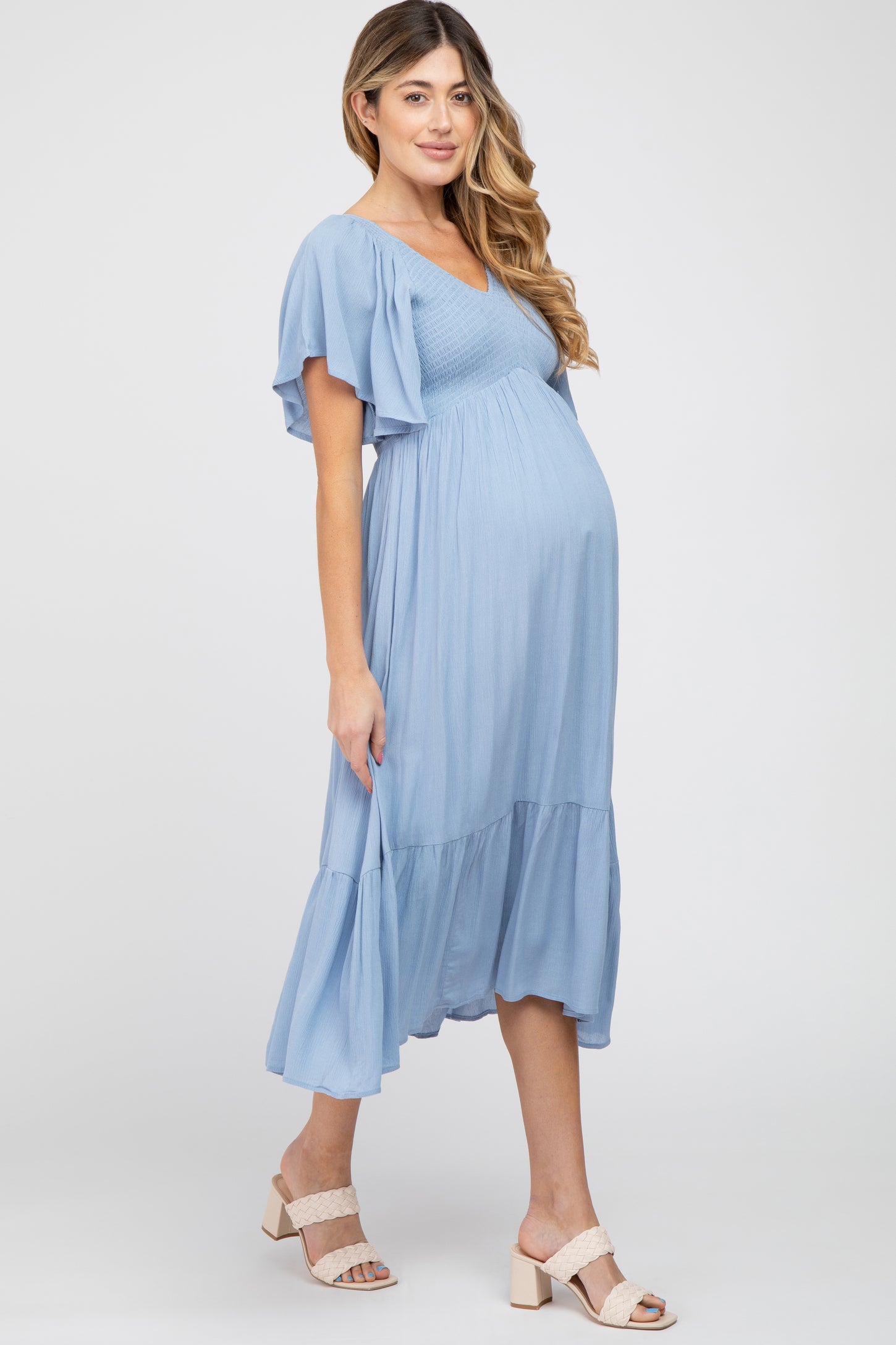 Blue Smocked Ruffle Maternity Dress