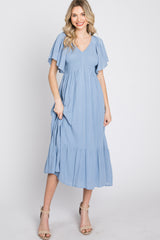 Blue Smocked Ruffle Maternity Dress
