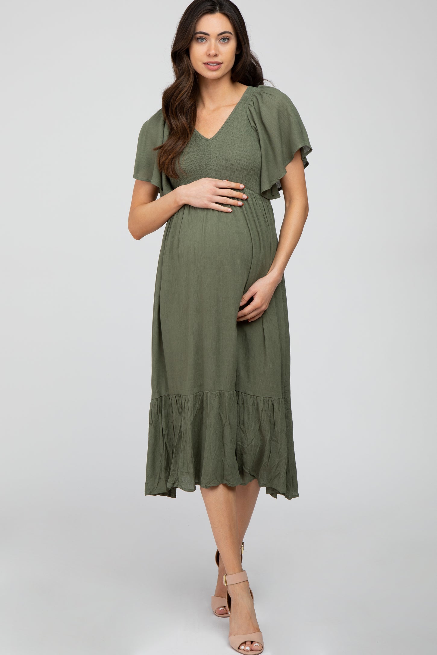 Olive Smocked Ruffle Maternity Dress