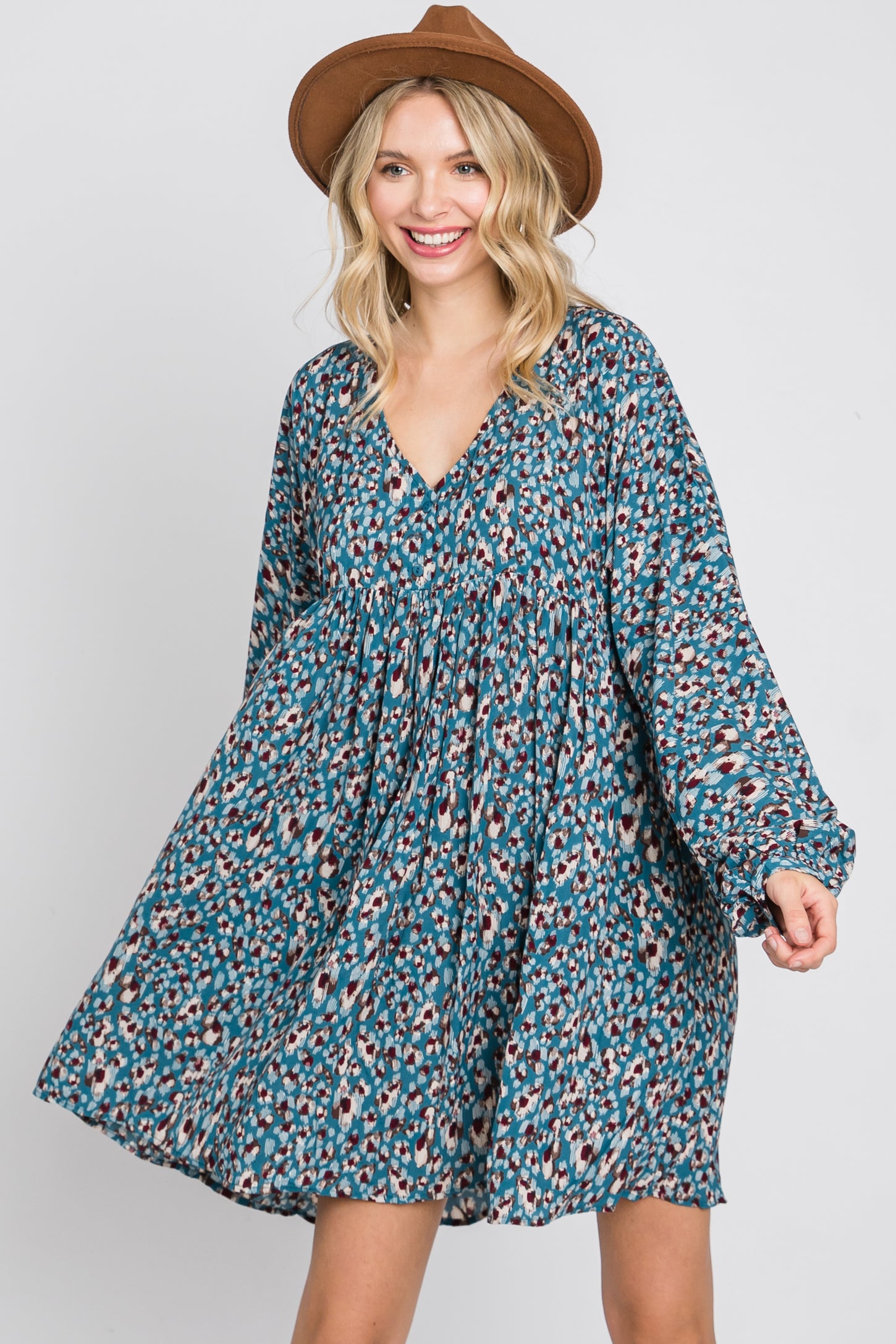 Teal Printed Button Front Long Sleeve Dress