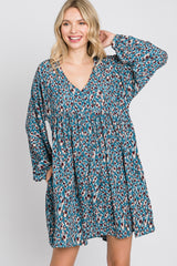 Teal Printed Button Front Long Sleeve Dress