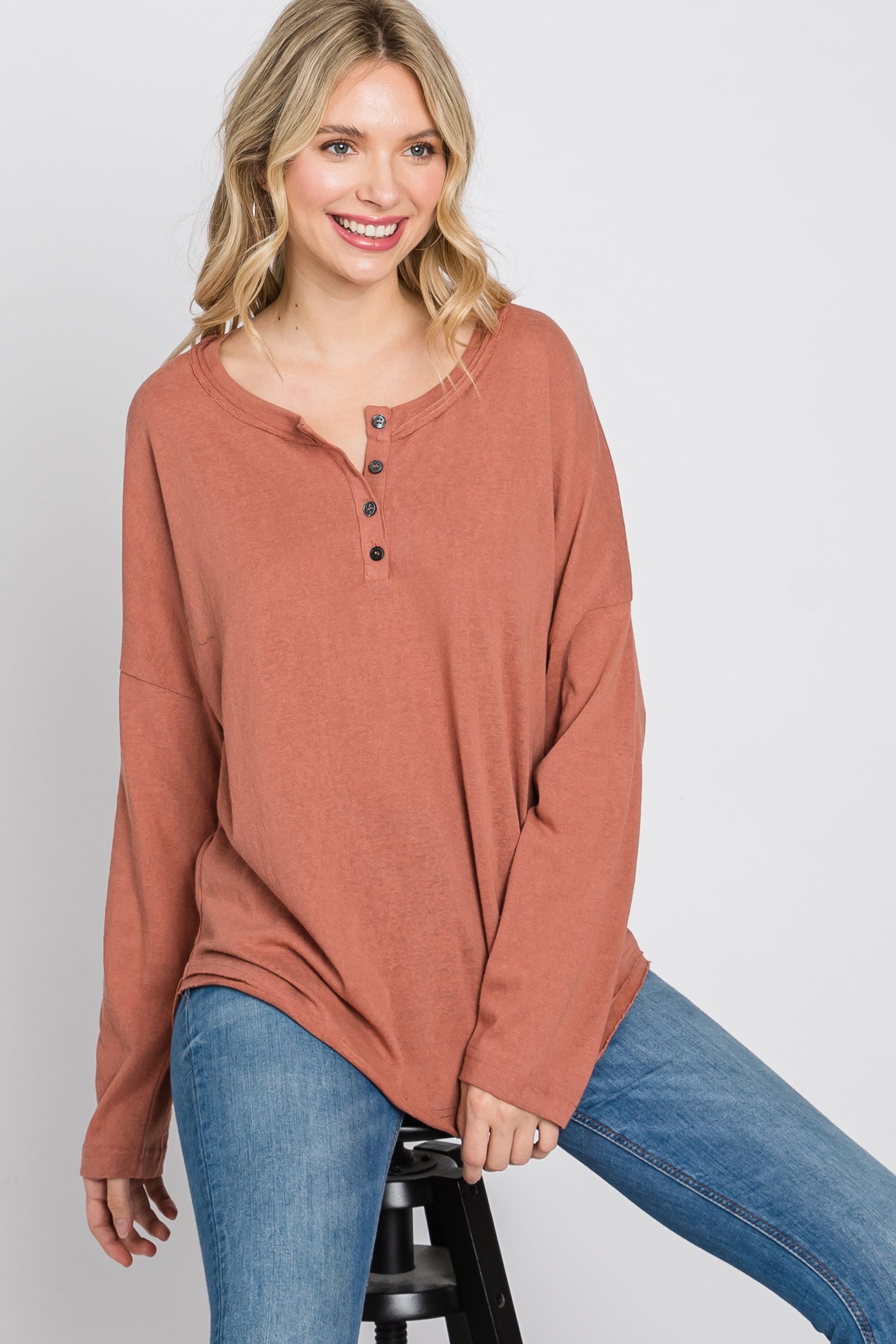 Rust Button Front Raw Edge Top