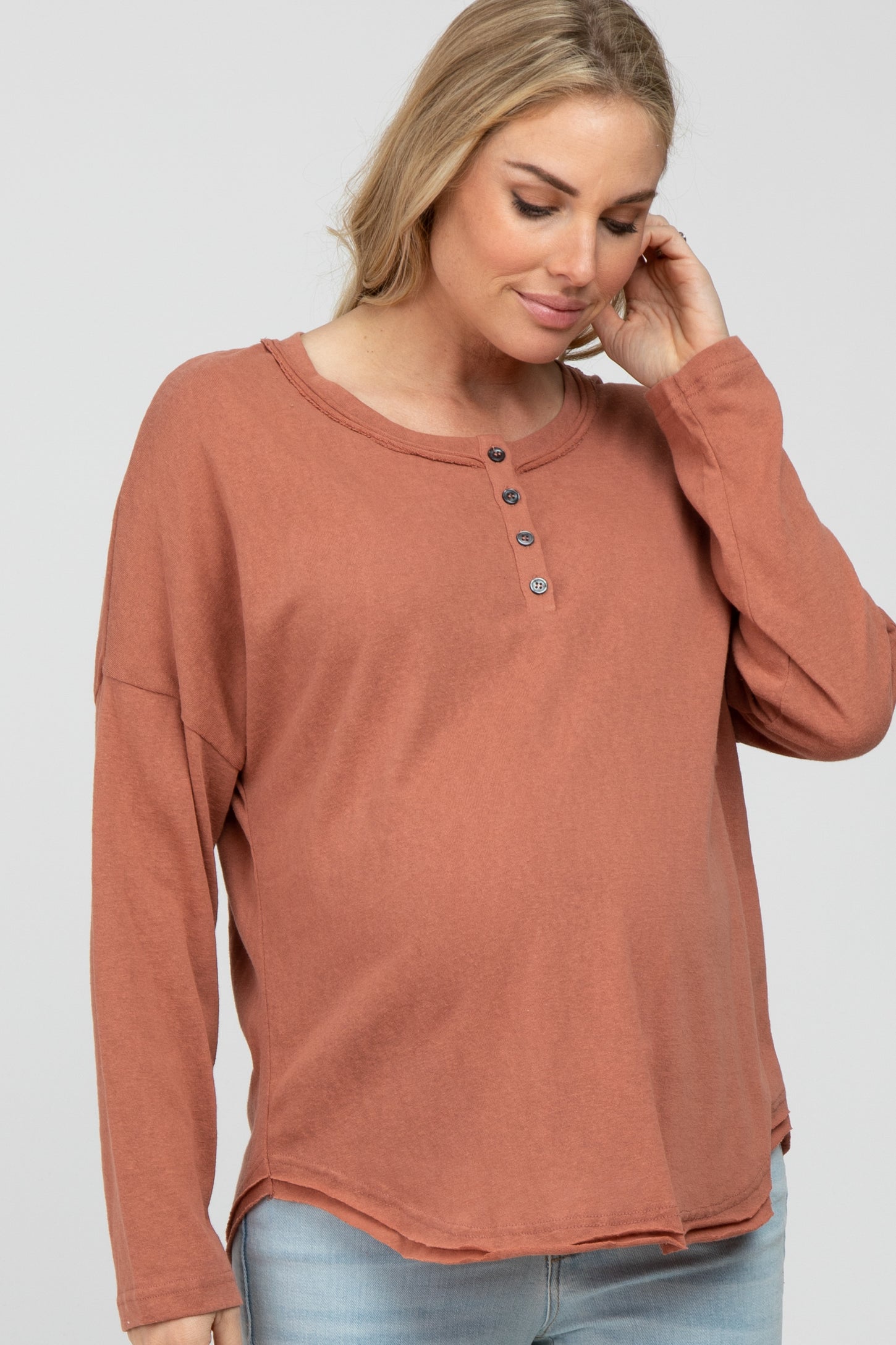 Rust Button Front Raw Edge Maternity Top