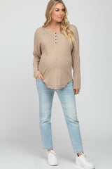 Taupe Button Front Raw Edge Maternity Top