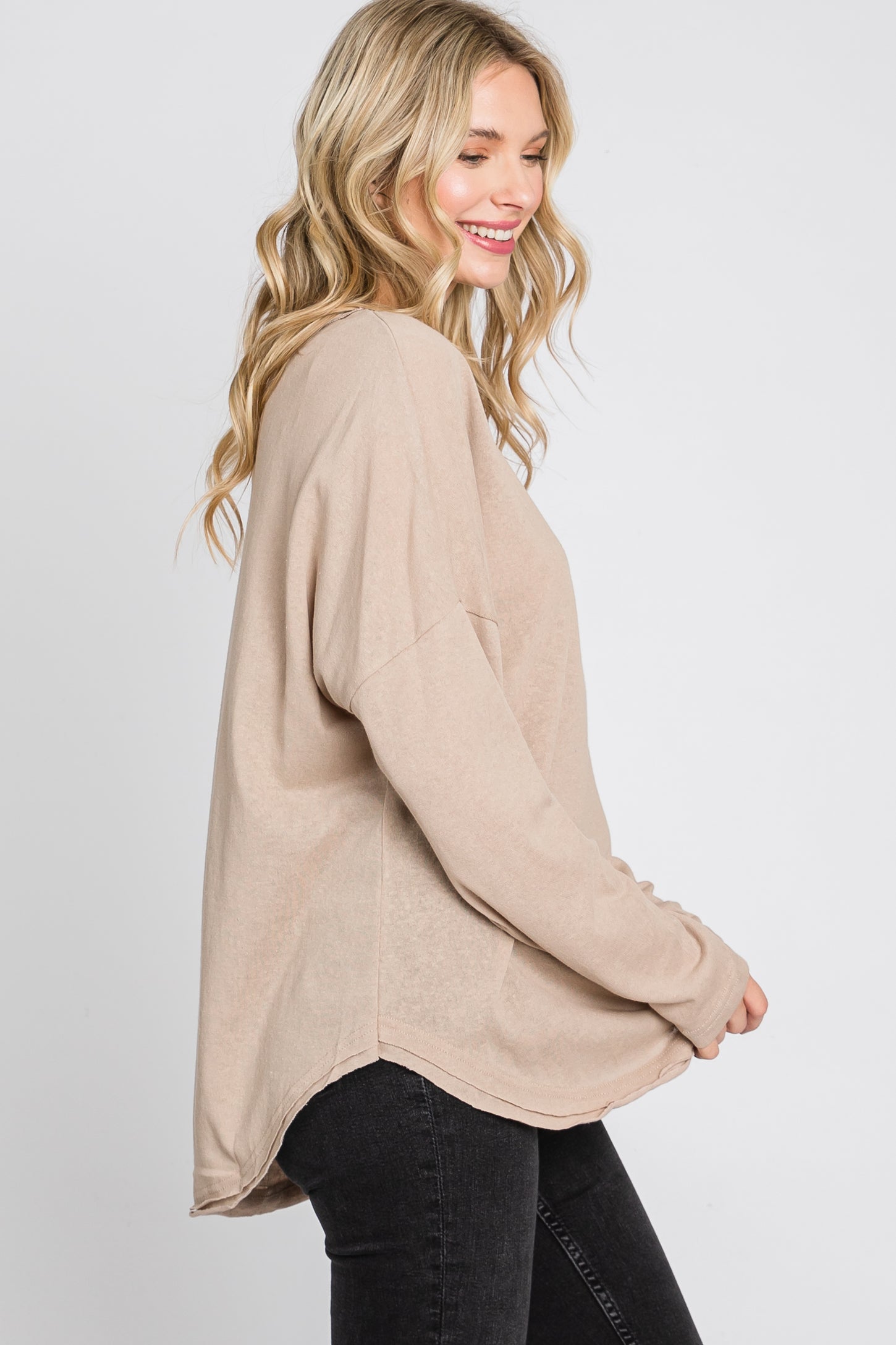 Taupe Button Front Raw Edge Top