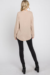 Taupe Button Front Raw Edge Top