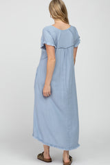 Light Blue Linen Fringe Maternity Midi Dress
