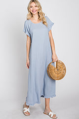Light Blue Linen Fringe Maternity Midi Dress