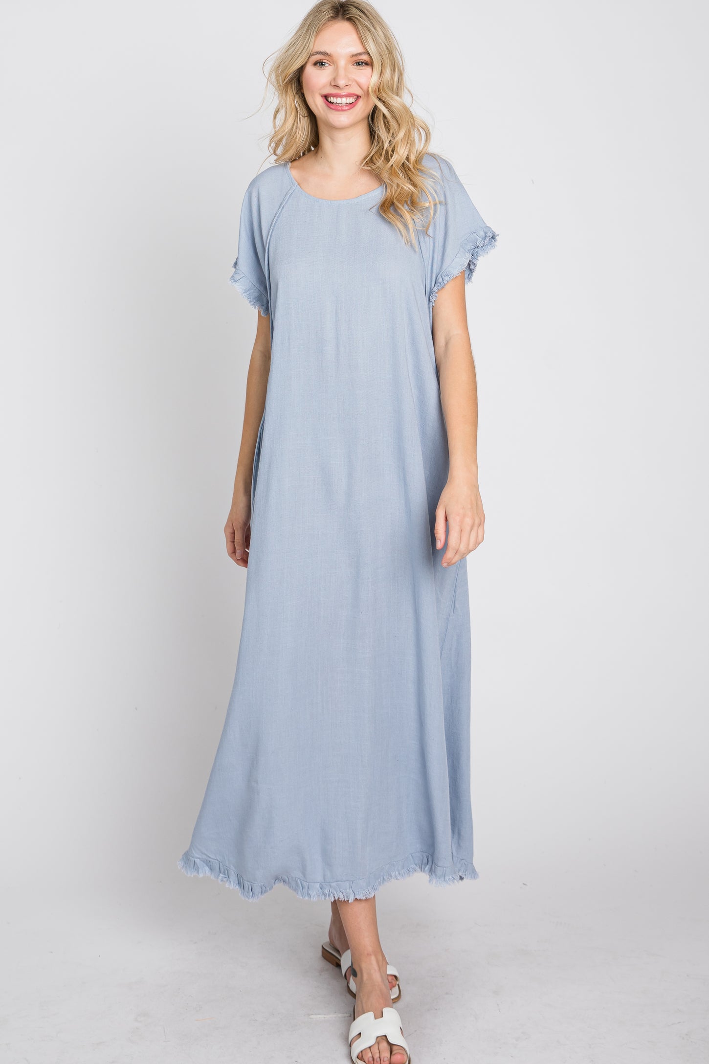 Light Blue Linen Fringe Midi Dress