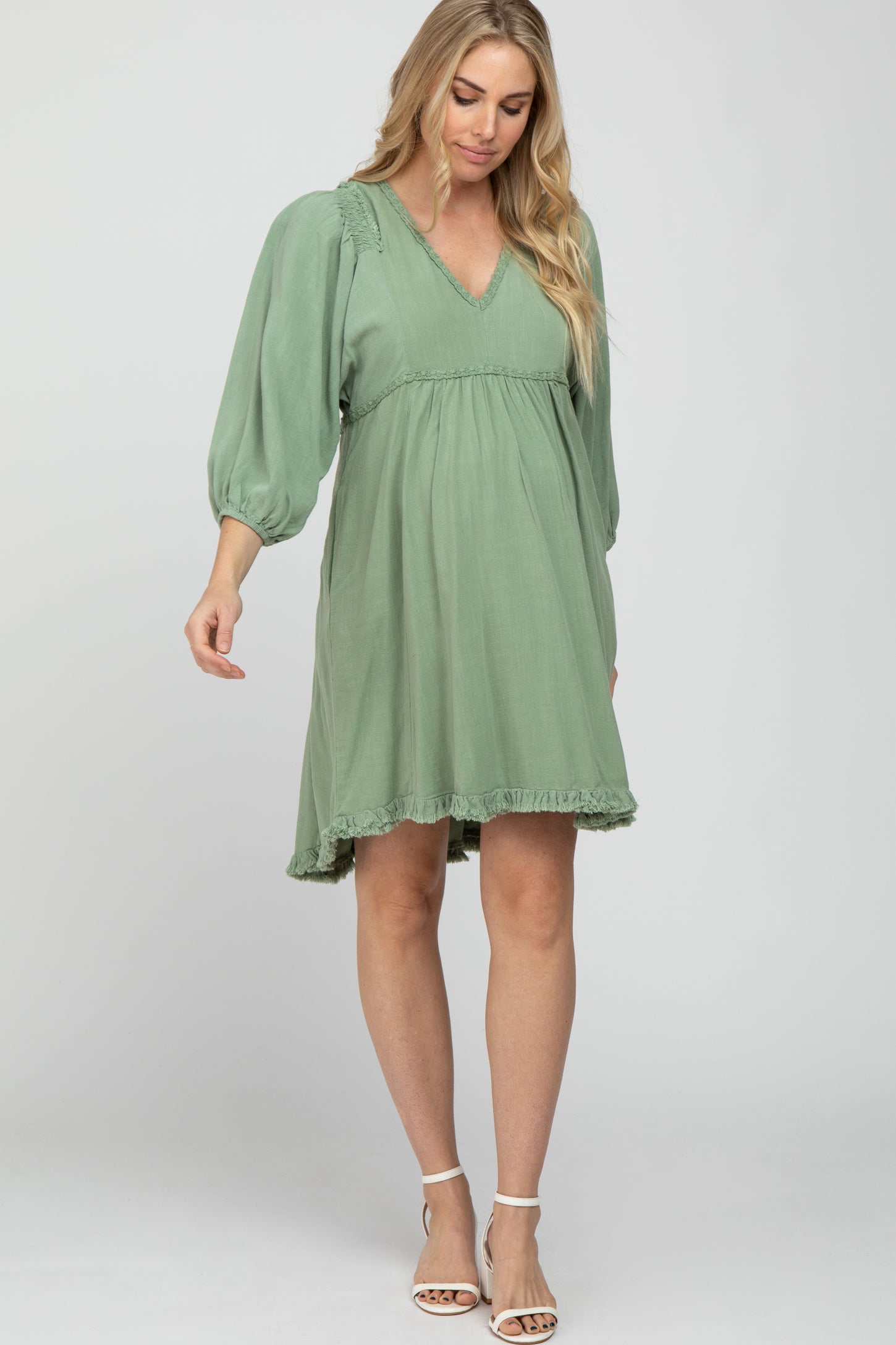 Light Olive Linen Raw Edge Hi-Low Hem Maternity Dress