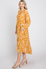 Yellow Floral Tassel Front Tie Ruffle Hem Midi Dress