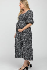 Black Spotted Square Neck Smocked Maternity Midi Dress