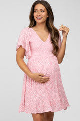 Light Pink Floral Print Smocked V-Neck Maternity Dress