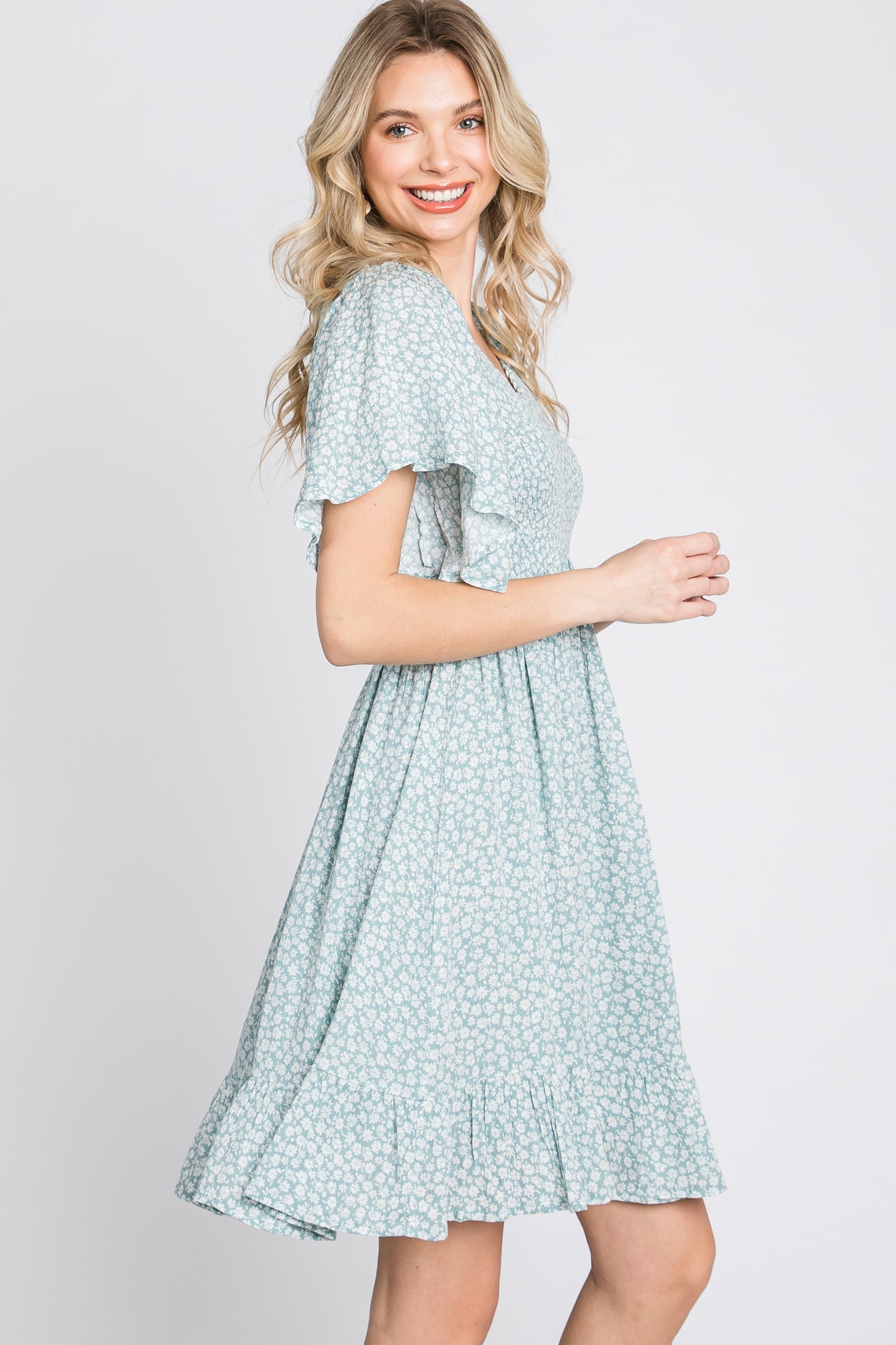 Mint Green Floral Print Smocked V-Neck Dress PinkBlush Mint Green Floral Print Smocked V-Neck Dress PinkBlush