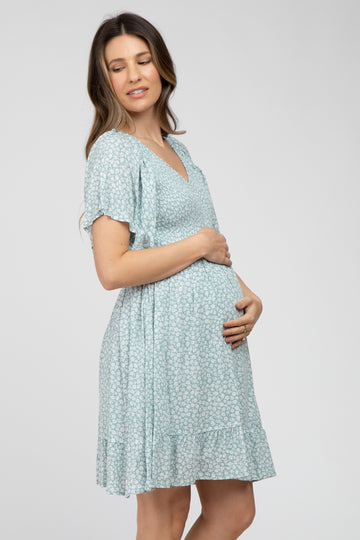 Mint Green Floral Print Smocked V-Neck Maternity Dress