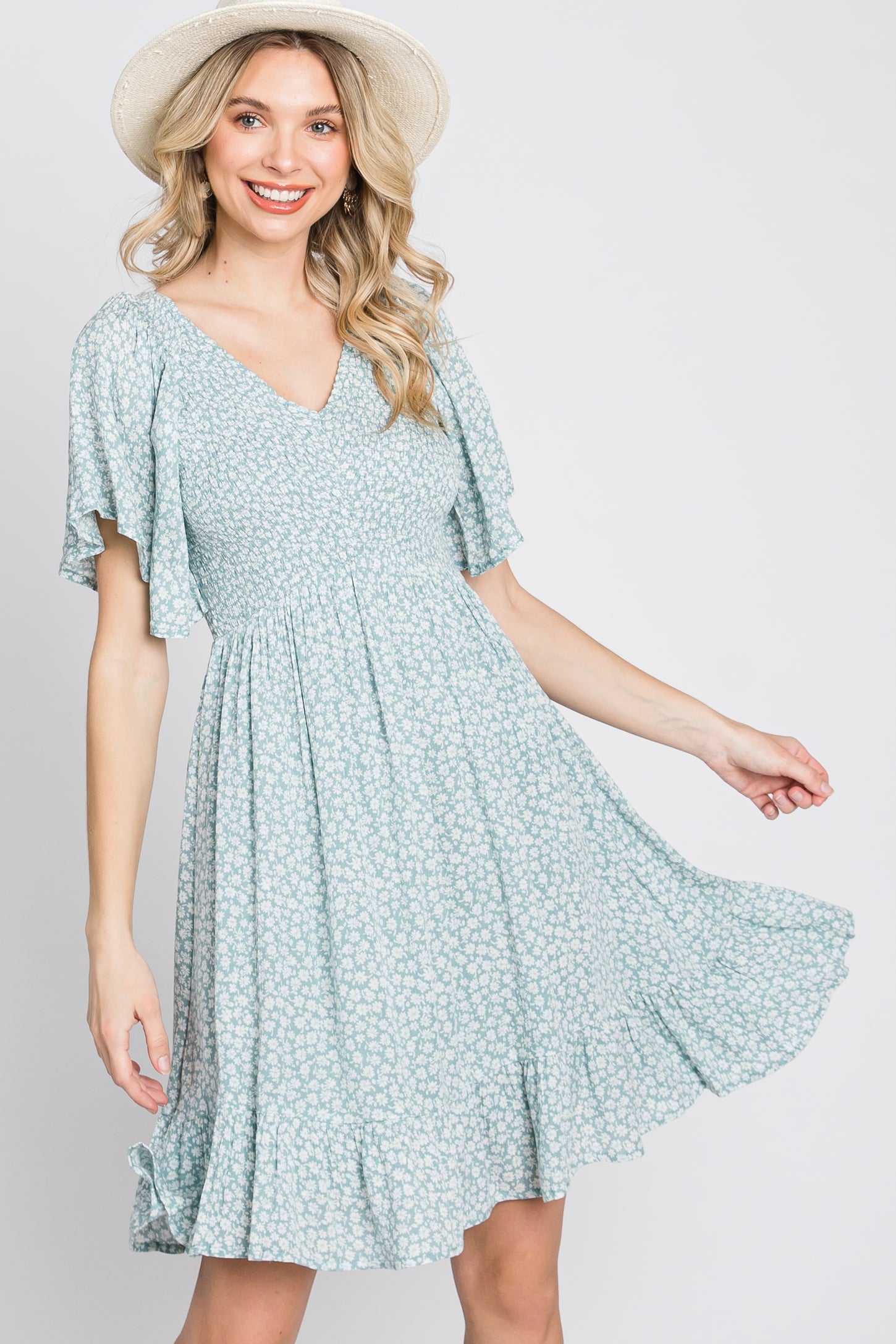 Mint Green Floral Print Smocked V-Neck Maternity Dress– PinkBlush