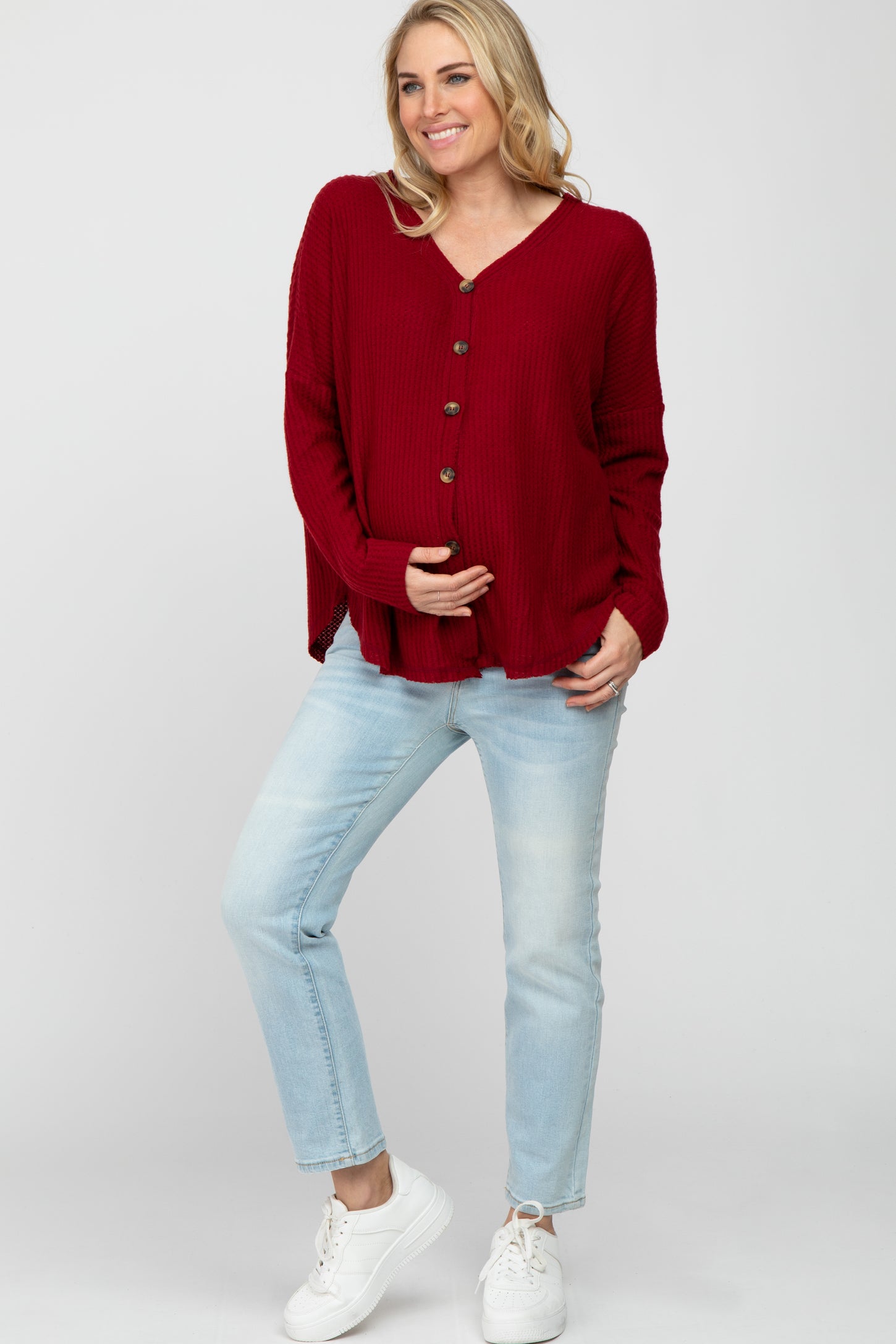 Red Waffle Knit Button Down Maternity Top